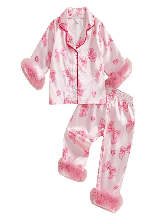 Douhoow Toddler Baby Girls Silk Satin Pajamas Set Feather Trim Long Sleeve Botton Shirt Tops Pajama Pant Fuzzy Lounge Pjs (Pink Bow&Heart, 4-5 Years) - Image 1