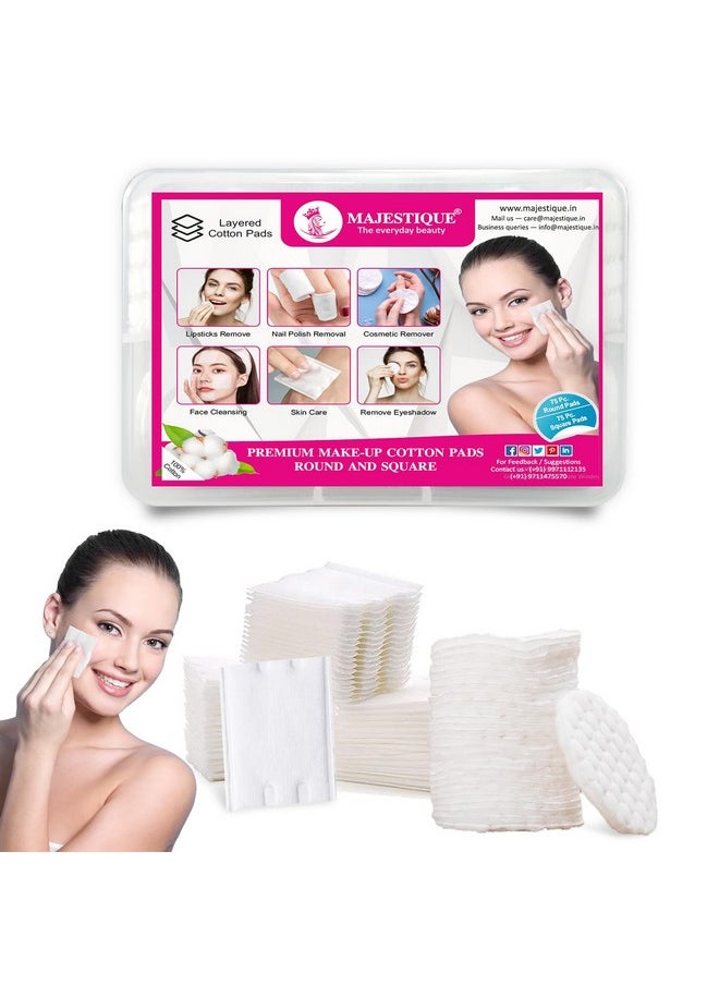 MAJESTIQUE Majestique Premium Makeup Removal Cotton Pads Round and Square | Double Sided 100% Thick Layered Cotton Pad | Soft and Gentle Multipurpose Pads | Face Cleaning Cotton Pads- 150Pcs/1 Box  - Image 1