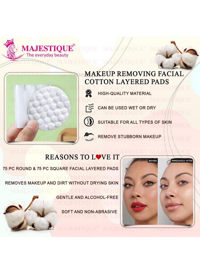 MAJESTIQUE Majestique Premium Makeup Removal Cotton Pads Round and Square | Double Sided 100% Thick Layered Cotton Pad | Soft and Gentle Multipurpose Pads | Face Cleaning Cotton Pads- 150Pcs/1 Box  - Image 3