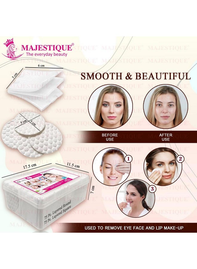 MAJESTIQUE Majestique Premium Makeup Removal Cotton Pads Round and Square | Double Sided 100% Thick Layered Cotton Pad | Soft and Gentle Multipurpose Pads | Face Cleaning Cotton Pads- 150Pcs/1 Box  - Image 2