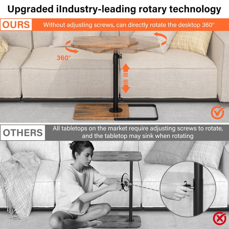 Dataroad Selead TV Tray Table for Couch - Adjustable Height & 360Â°Swivel Panel Designï¼ŒLarger Metal and Wooden Base to Prevent Slippingï¼ŒSofa Armrest Tray Table for Eating Laptop Couch Bed Dinner or Small Space - Image 2