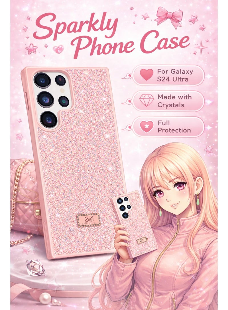 في آر كرييتيف غطاء هاتف فاخر لامع مرصع بالألماس لهاتف Samsung Galaxy S24 Ultra مع أحجار الراين المتلألئة للحماية - وردي - Image 3
