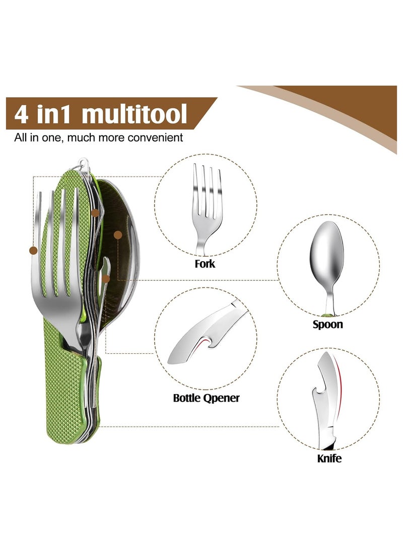 Generic Portable 4-in-1 Camping Utensils Set, 2 Pack Stainless Steel Spoon, Fork, Knife & Bottle Opener for Travel and Backpacking, Compact Cutlery Multitool (Green)  - Image 2