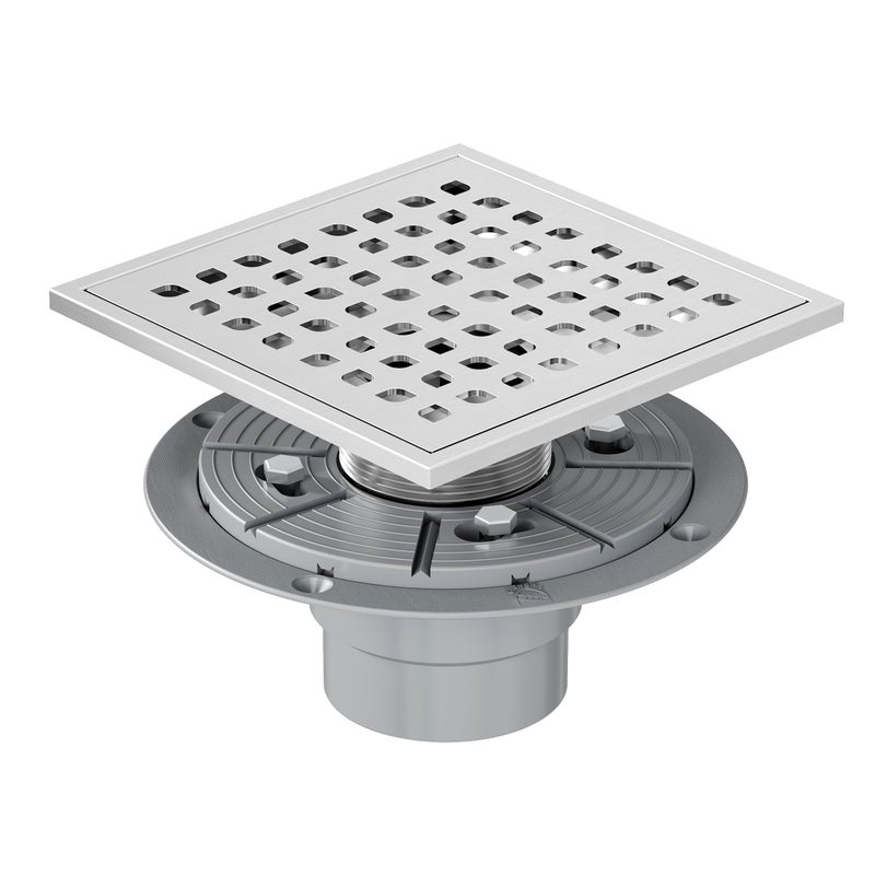 Neodrain Square Shower Drain,6 inch Stainless Steel 304 Grate and PVC Drain Body, Grate with Brushed Nickel Finish, Kit Includes Hair Trap/Strainer,Lifting Hook and PVC Drain Base - Image 1