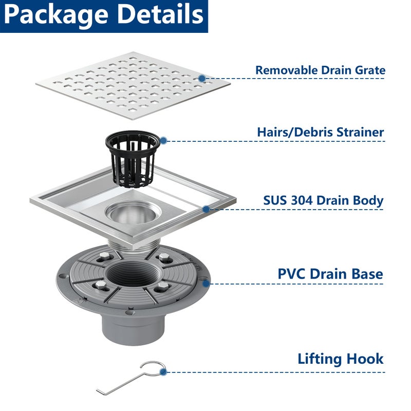 Neodrain Square Shower Drain,6 inch Stainless Steel 304 Grate and PVC Drain Body, Grate with Brushed Nickel Finish, Kit Includes Hair Trap/Strainer,Lifting Hook and PVC Drain Base - Image 3