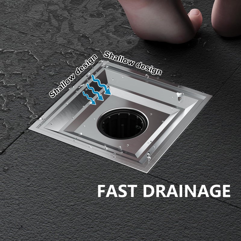 Neodrain Square Shower Drain,6 inch Stainless Steel 304 Grate and PVC Drain Body, Grate with Brushed Nickel Finish, Kit Includes Hair Trap/Strainer,Lifting Hook and PVC Drain Base - Image 5