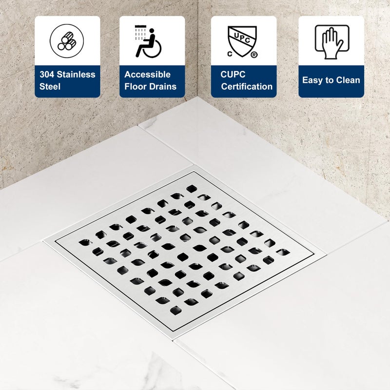 Neodrain Square Shower Drain,6 inch Stainless Steel 304 Grate and PVC Drain Body, Grate with Brushed Nickel Finish, Kit Includes Hair Trap/Strainer,Lifting Hook and PVC Drain Base - Image 4
