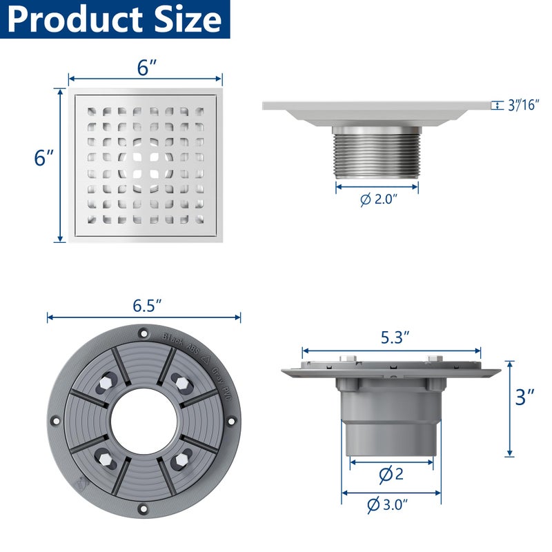Neodrain Square Shower Drain,6 inch Stainless Steel 304 Grate and PVC Drain Body, Grate with Brushed Nickel Finish, Kit Includes Hair Trap/Strainer,Lifting Hook and PVC Drain Base - Image 2