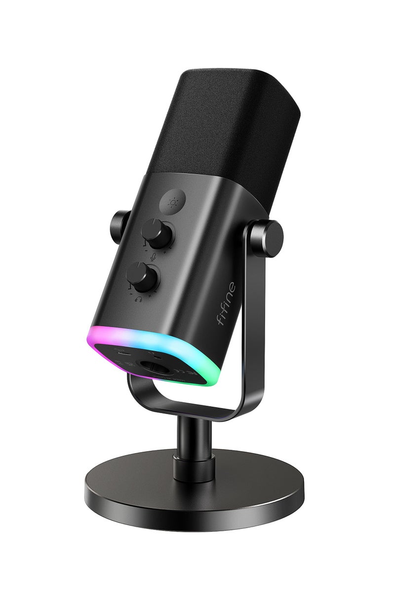 FIFINE USB Dynamic Microphone for Podcast Recording, PC Computer Gaming Streaming Mic with RGB Light, Mute Button, Headphones Jack, Desktop Stand, Vocal Mic for Singing - Image 1