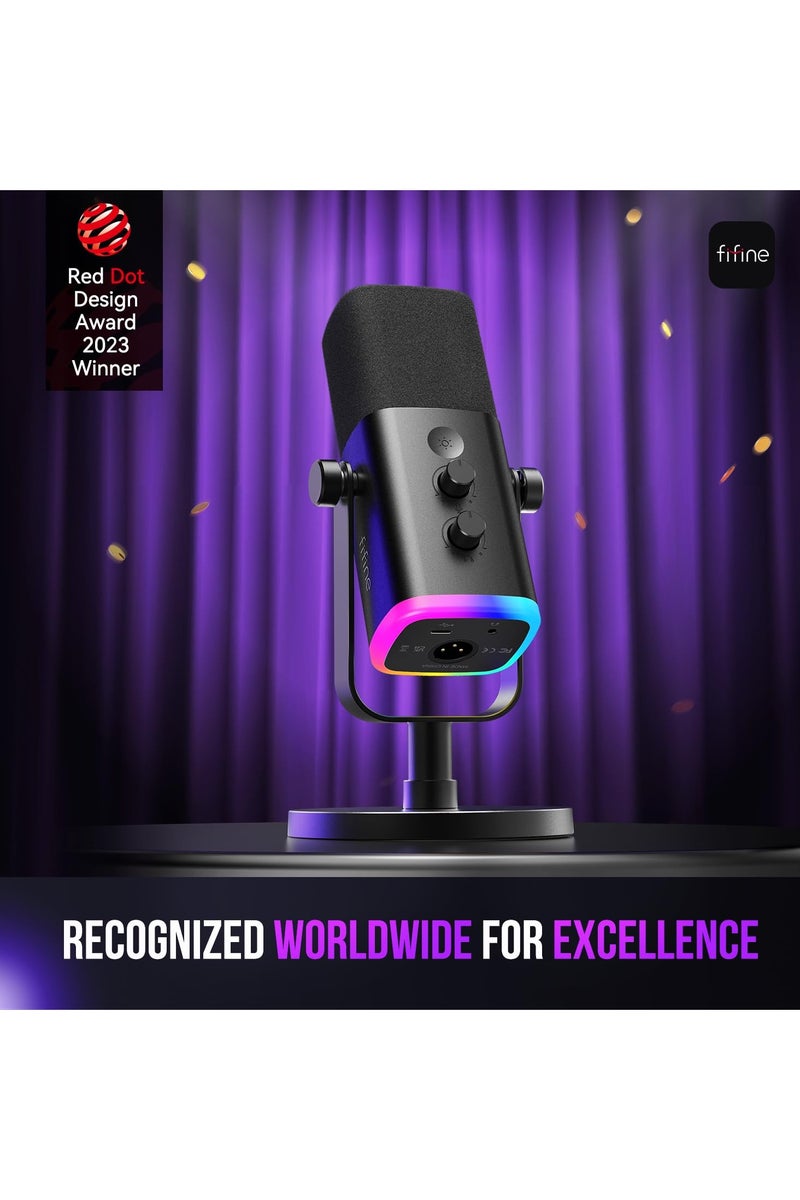 FIFINE USB Dynamic Microphone for Podcast Recording, PC Computer Gaming Streaming Mic with RGB Light, Mute Button, Headphones Jack, Desktop Stand, Vocal Mic for Singing - Image 2