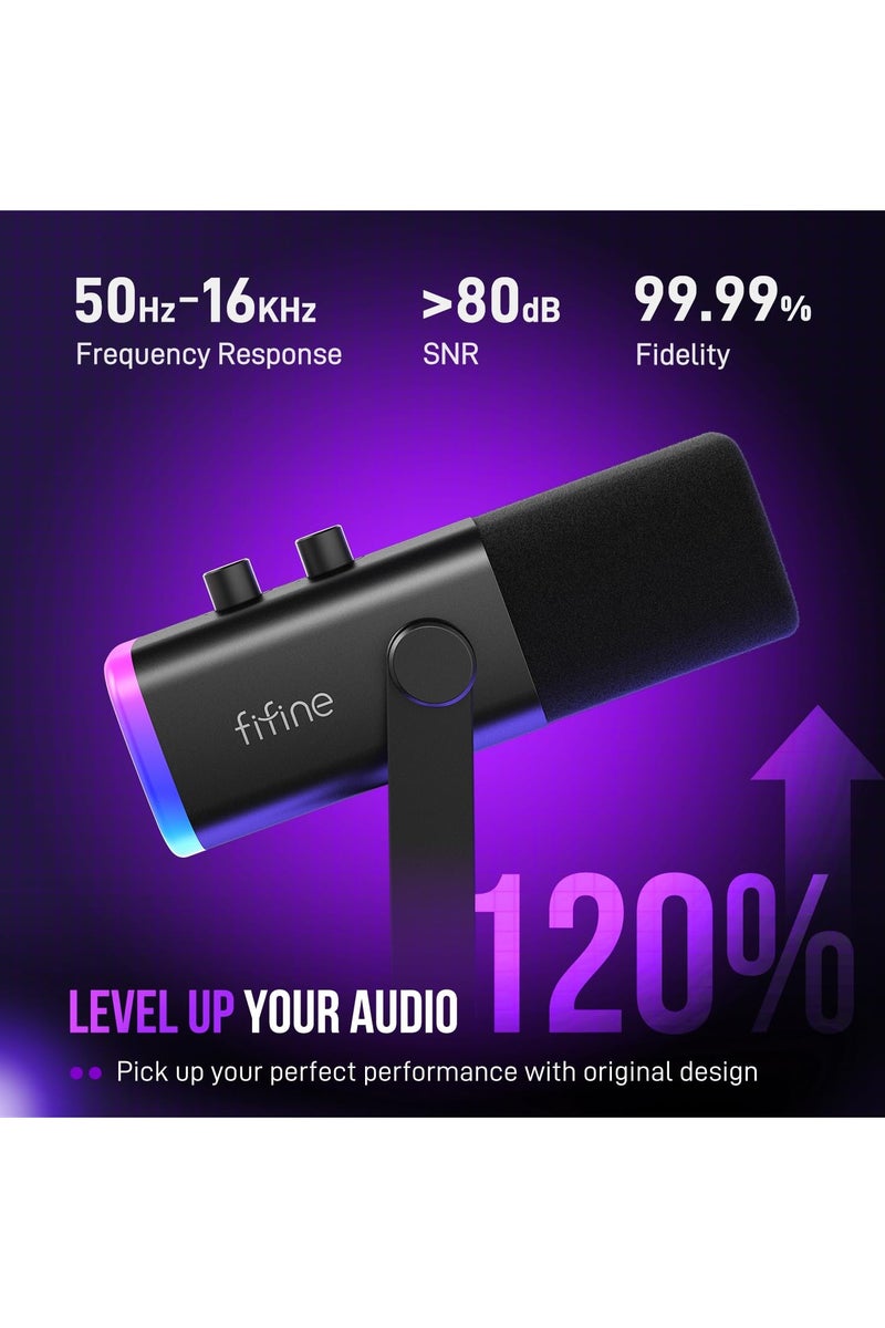 FIFINE USB Dynamic Microphone for Podcast Recording, PC Computer Gaming Streaming Mic with RGB Light, Mute Button, Headphones Jack, Desktop Stand, Vocal Mic for Singing - Image 3