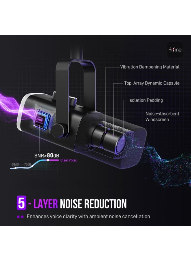 FIFINE USB Dynamic Microphone for Podcast Recording, PC Computer Gaming Streaming Mic with RGB Light, Mute Button, Headphones Jack, Desktop Stand, Vocal Mic for Singing - Image 4