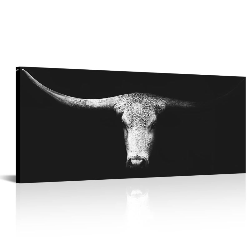 LevvArts Large Size Longhorn Cow Canvas Wall Art Black and White Western Cattle Portrait Photo Painting Artwork for Man Cave Home Office Living Room Decor 20"x48" - Image 1
