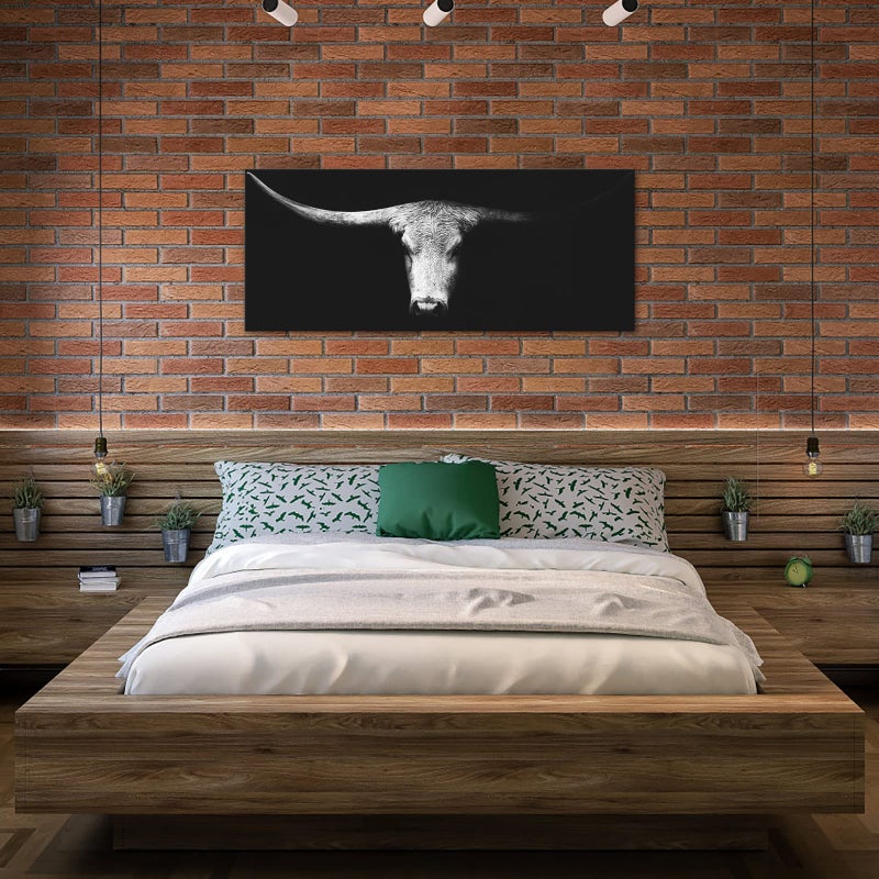 LevvArts Large Size Longhorn Cow Canvas Wall Art Black and White Western Cattle Portrait Photo Painting Artwork for Man Cave Home Office Living Room Decor 20"x48" - Image 4