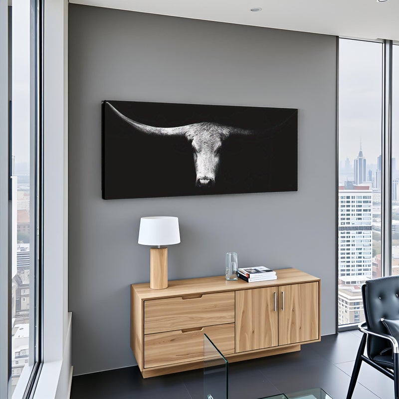 LevvArts Large Size Longhorn Cow Canvas Wall Art Black and White Western Cattle Portrait Photo Painting Artwork for Man Cave Home Office Living Room Decor 20"x48" - Image 3