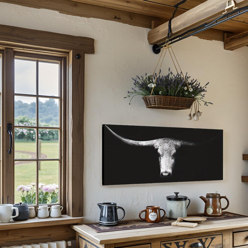 LevvArts Large Size Longhorn Cow Canvas Wall Art Black and White Western Cattle Portrait Photo Painting Artwork for Man Cave Home Office Living Room Decor 20"x48" - Image 5