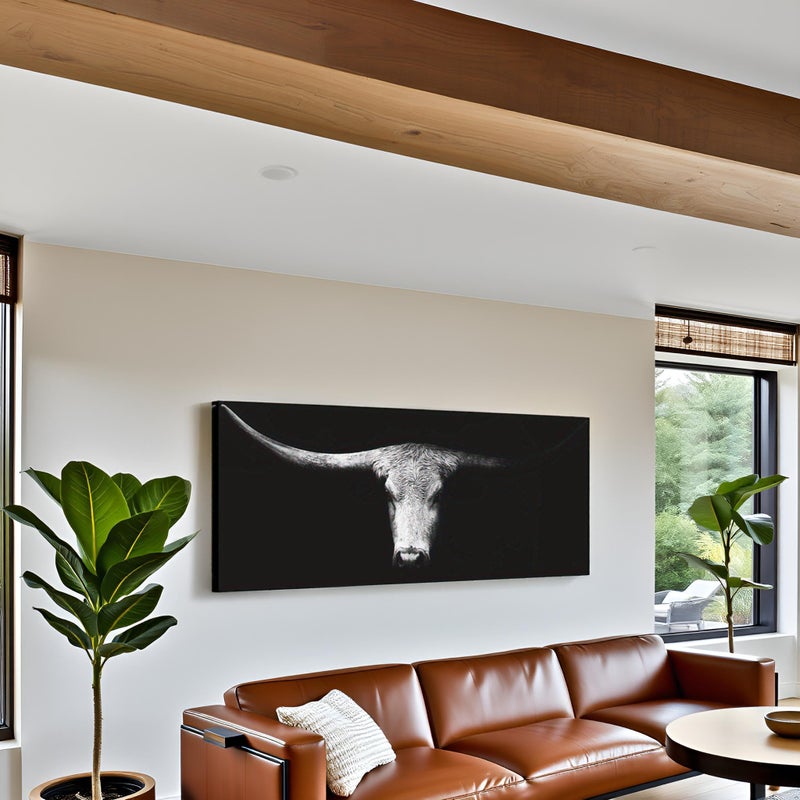LevvArts Large Size Longhorn Cow Canvas Wall Art Black and White Western Cattle Portrait Photo Painting Artwork for Man Cave Home Office Living Room Decor 20"x48" - Image 2