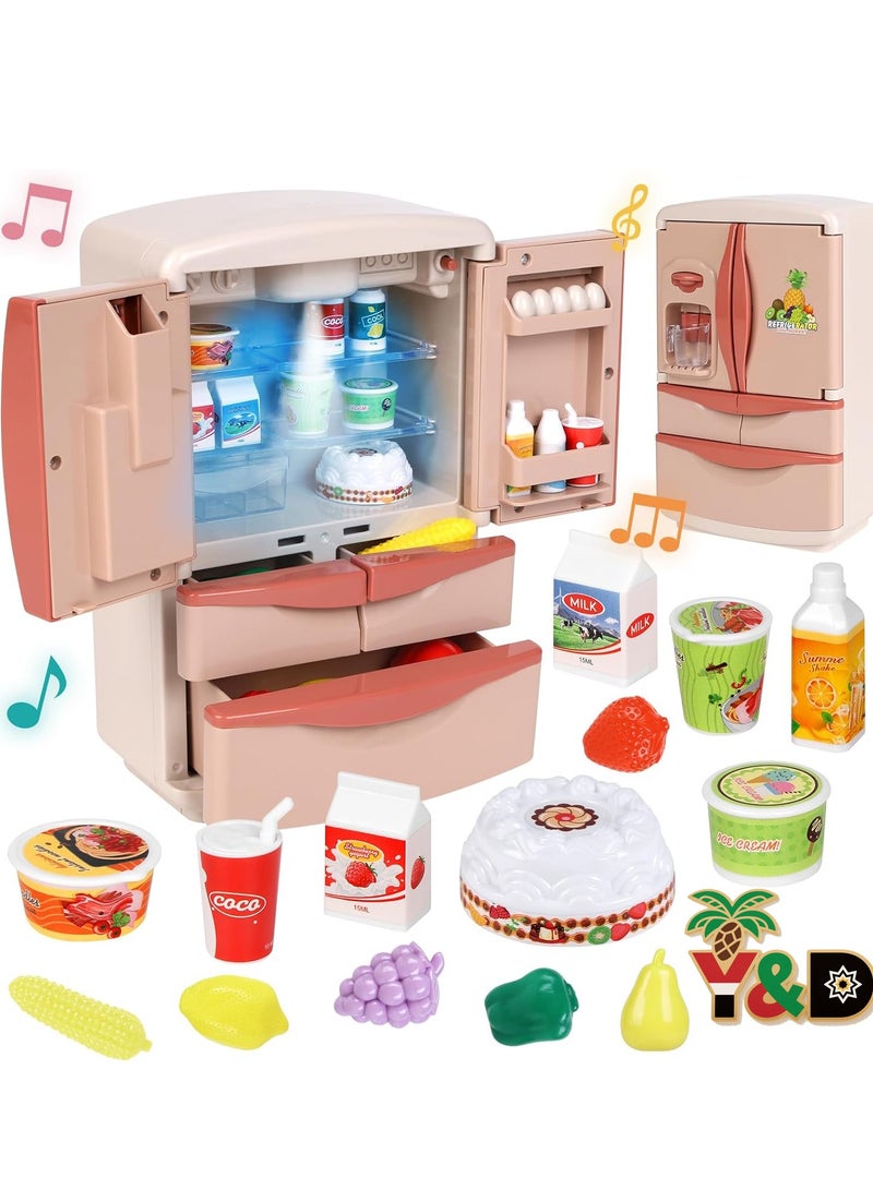 Y&D Play Kitchen Modern Dual Door Toys Fridge Refrigerator Toy Set with Ice Dispenser Mini Dollhouse Furniture Fridge Kids Kitchen Playset with Mini Play Food Toddler Kitchen Playset Accessories and Light Mist Music and Ice Dispensing Perfect Pretend Play Toy Fridge for Boys and Girls - Image 1