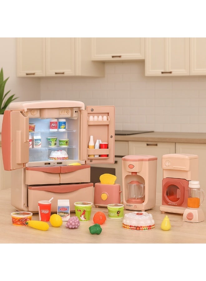 Y&D Play Kitchen Modern Dual Door Toys Fridge Refrigerator Toy Set with Ice Dispenser Mini Dollhouse Furniture Fridge Kids Kitchen Playset with Mini Play Food Toddler Kitchen Playset Accessories and Light Mist Music and Ice Dispensing Perfect Pretend Play Toy Fridge for Boys and Girls - Image 1