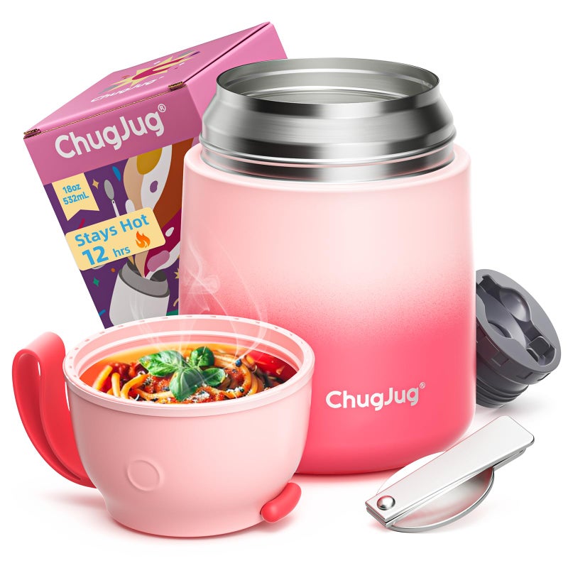 ChugJug Thermo for Hot Food | Wide Mouth | 18 oz, Insulated Food Container with Spoon, Leak Proof Soup Thermo for Adults, Thermal Steel Food Jar for Office, Stainless Steel Food Containers(Pink) - Image 1
