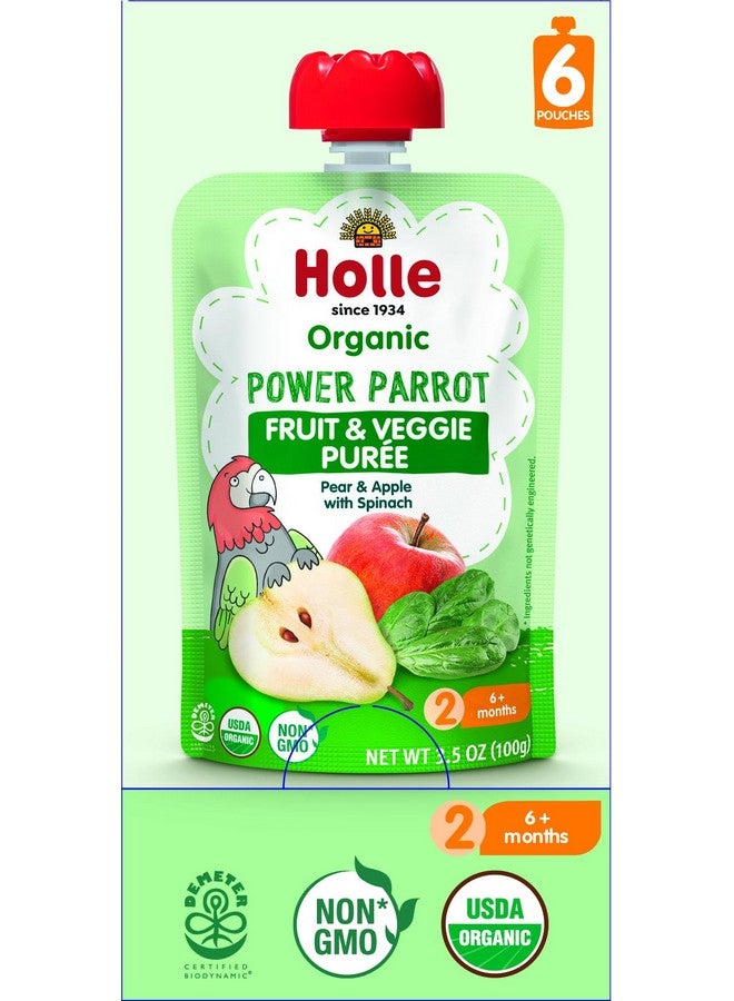 Holle Organic Baby Food Pouches - Power Parrot Baby Puree with Pear, Apple & Spinach - (6 Pack) Organic Baby Snacks + Fruit and Veggie Pouches for Weaning Babies 6 Months and Older - Image 1