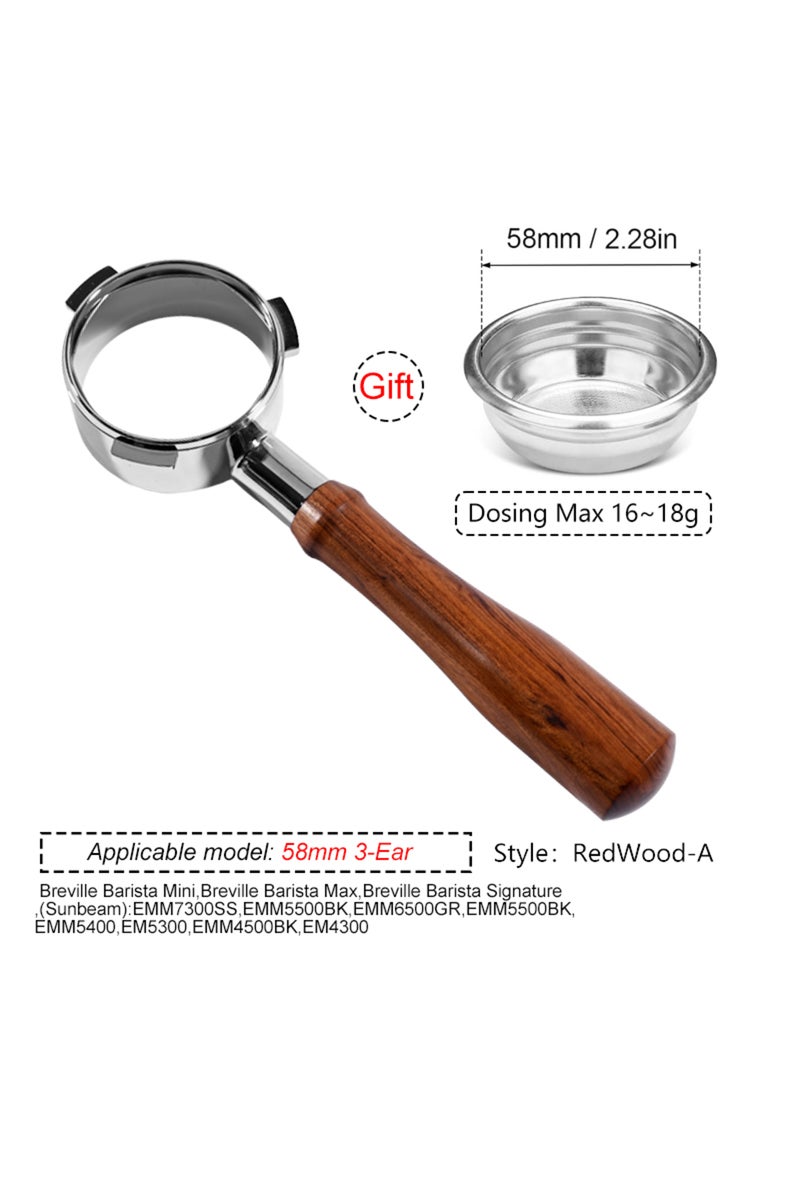حامل فلتر قهوة بدون قاعدة، 58 مم، بثلاثة أذرع، مصنوع من خشب الورد، متوافق مع ماكينات بريفيل باريستا ميني/ماكس/سيجناتو.