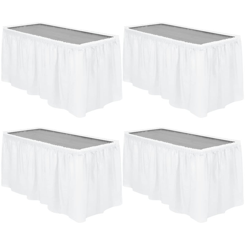 TURSTIN TURSTIN 4 Pieces White Plastic Table Skirts 14 Feet x 29 Inch for Rectangle Tables Fitted Tablecloth Disposable Table Cover for Birthday Party Events Banquette Baby Shower