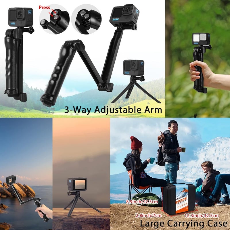 Hongdak مجموعة ملحقات كاميرا HONGDAK لجهاز GoPro Hero 13 12 11 10 9 بلاك، غلاف مقاوم للماء + غلاف سيليكون + ذراع قابلة للتعديل + حزام رأس وصدر ومعصم + حامل دراجة + كوب شفط + مجموعة قبضة عائمة 63 في 1 - Image 2