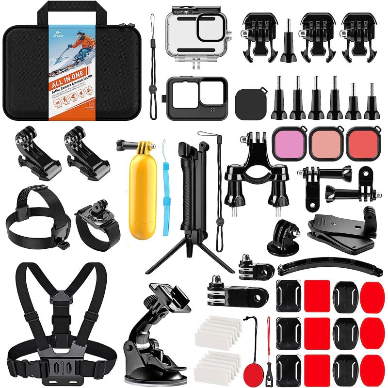 Hongdak مجموعة ملحقات كاميرا HONGDAK لجهاز GoPro Hero 13 12 11 10 9 بلاك، غلاف مقاوم للماء + غلاف سيليكون + ذراع قابلة للتعديل + حزام رأس وصدر ومعصم + حامل دراجة + كوب شفط + مجموعة قبضة عائمة 63 في 1 - Image 1