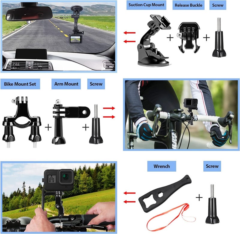 Hongdak مجموعة ملحقات كاميرا HONGDAK لجهاز GoPro Hero 13 12 11 10 9 بلاك، غلاف مقاوم للماء + غلاف سيليكون + ذراع قابلة للتعديل + حزام رأس وصدر ومعصم + حامل دراجة + كوب شفط + مجموعة قبضة عائمة 63 في 1 - Image 4