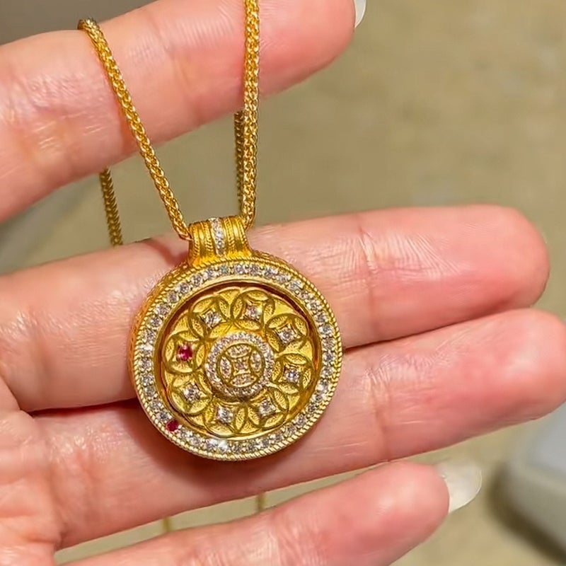 24K Gold Plated Lucky Pendant with Five Blessings, Rotating Design for Prosperity