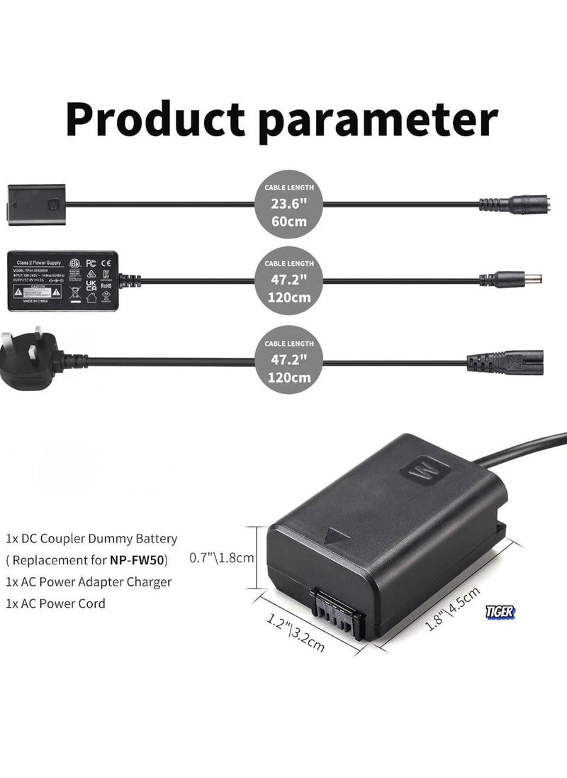 TIGER AC PW20 Power Supply Adapter & NP-FW50 Dummy Battery Kit for Sony Alpha Cameras – Compatible with A6500, A6400, A6300, A6100, A6000, A5100, A7 Series, RX10, ZV-E10 – Continuous Power for Photography and Videography  - Image 2