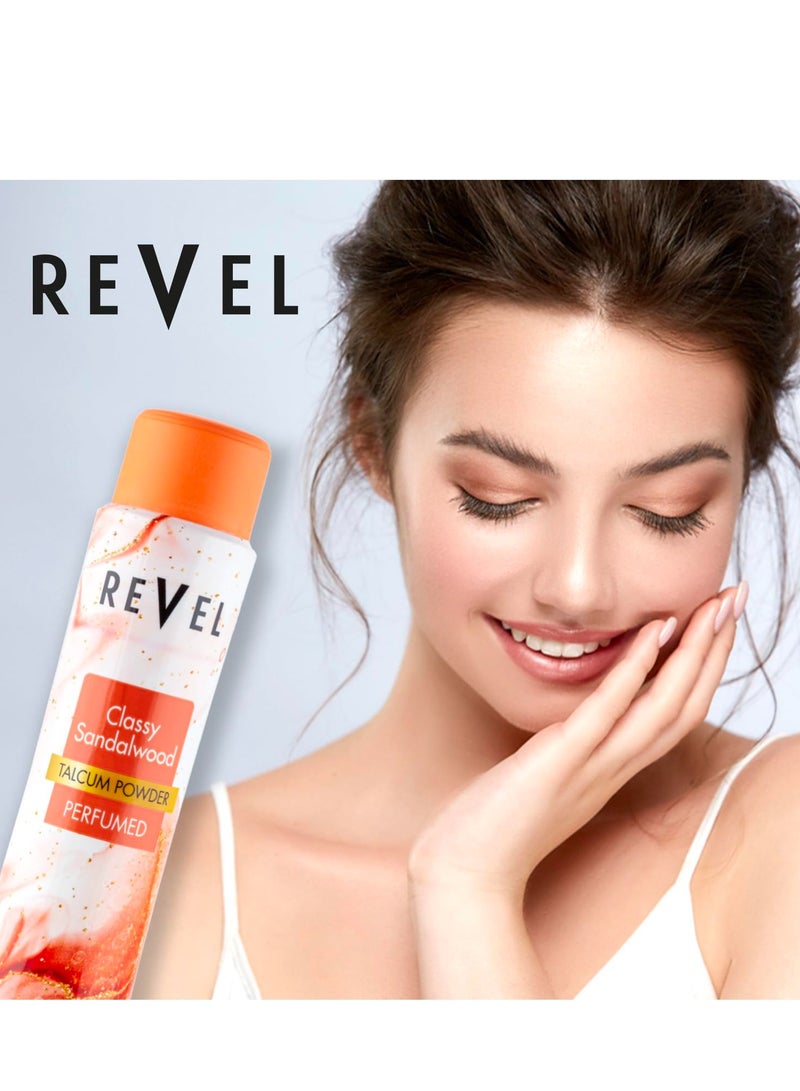 Revel بودرة التلك المعطرة برائحة خشب الصندل من ريفيل كلاسي 400 جرام، برتقالي، عطر مميز، بودرة للجسم، مضادة للتعرق، ناعمة، معطرة طوال اليوم، لجميع أنواع البشرة - Image 2