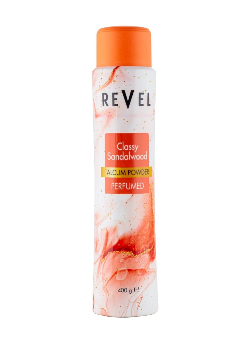 Revel بودرة التلك المعطرة برائحة خشب الصندل من ريفيل كلاسي 400 جرام، برتقالي، عطر مميز، بودرة للجسم، مضادة للتعرق، ناعمة، معطرة طوال اليوم، لجميع أنواع البشرة - Image 1