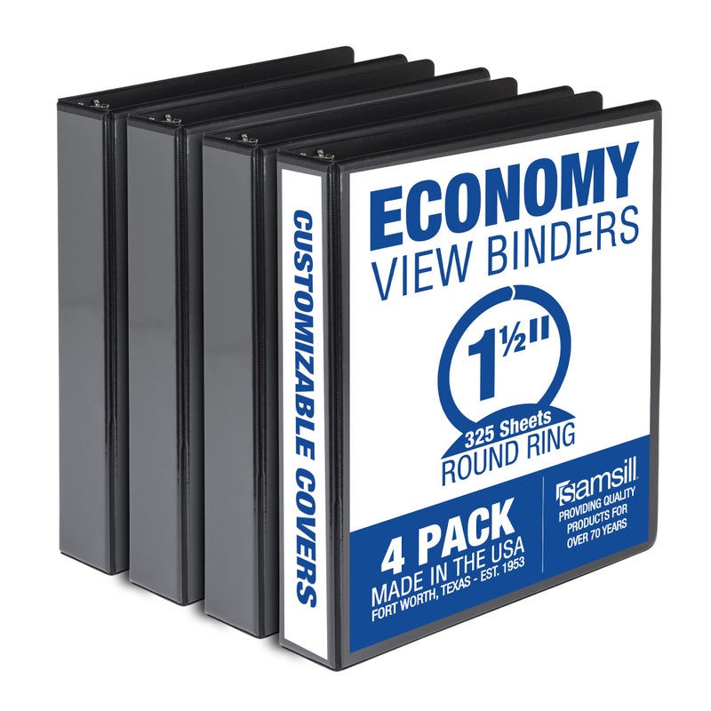 Samsill 15 Inch 3 Ring Binders Made in USA Economy Round Ring Clear View Cover 325 Sheet Capacity for School Home Office Black 4 Pack