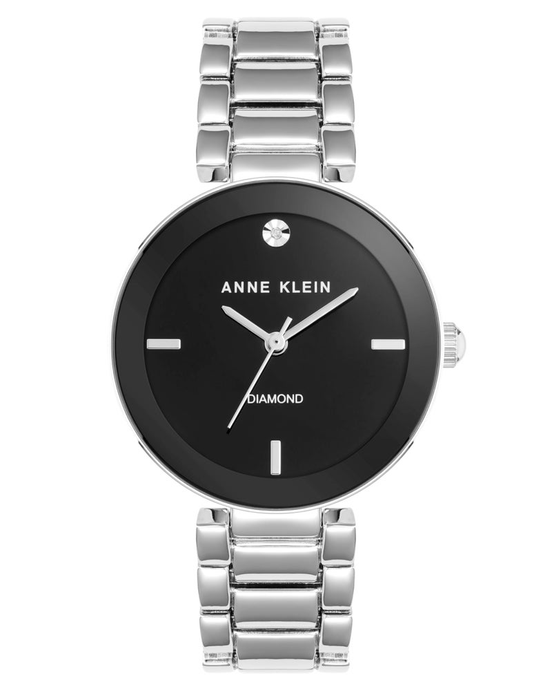 ANNE KLEIN ساعة آن كلاين النسائية بسوار من الألماس الأصلي باللون الفضي/الأسود - Image 1