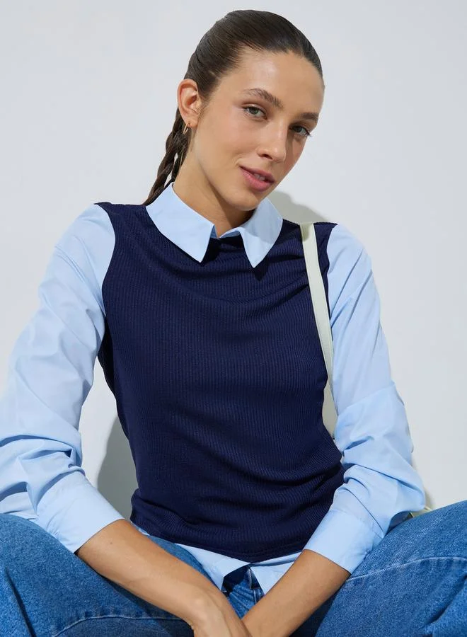 Styli Light Blue Solid Long Sleeves Shirt With Knit Navy Blue Vest