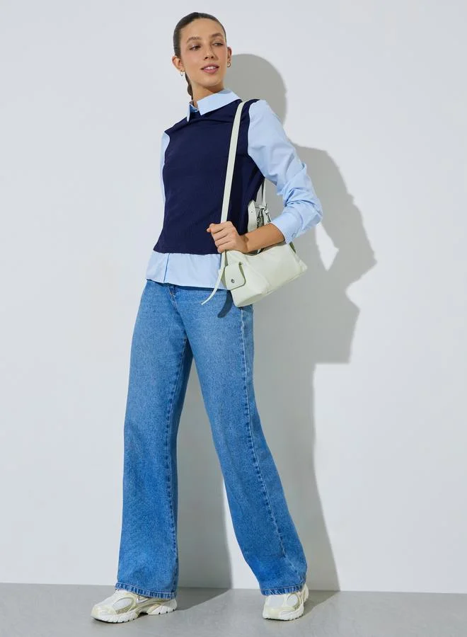 Styli Light Blue Solid Long Sleeves Shirt With Knit Navy Blue Vest