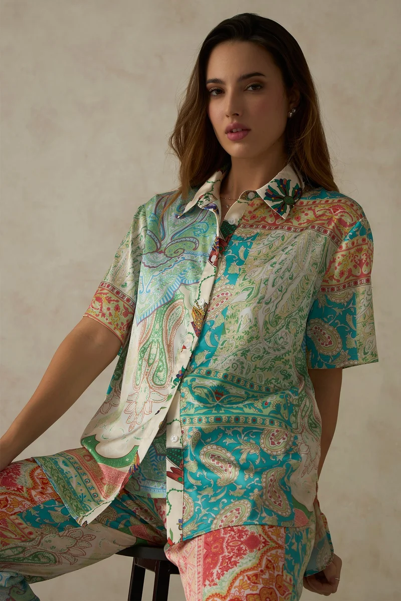 Virgio Abstract Satin Floral Print Shirt for Women