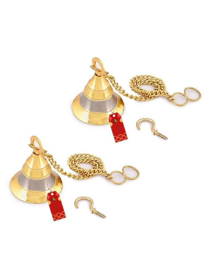 UAPAN Brass Silver Gold Wall Hanging Bell with Chain and Hanging Hook for Home Mandir Temple Decorative I Puja Room (Pack of 2 Nos) - Image 1