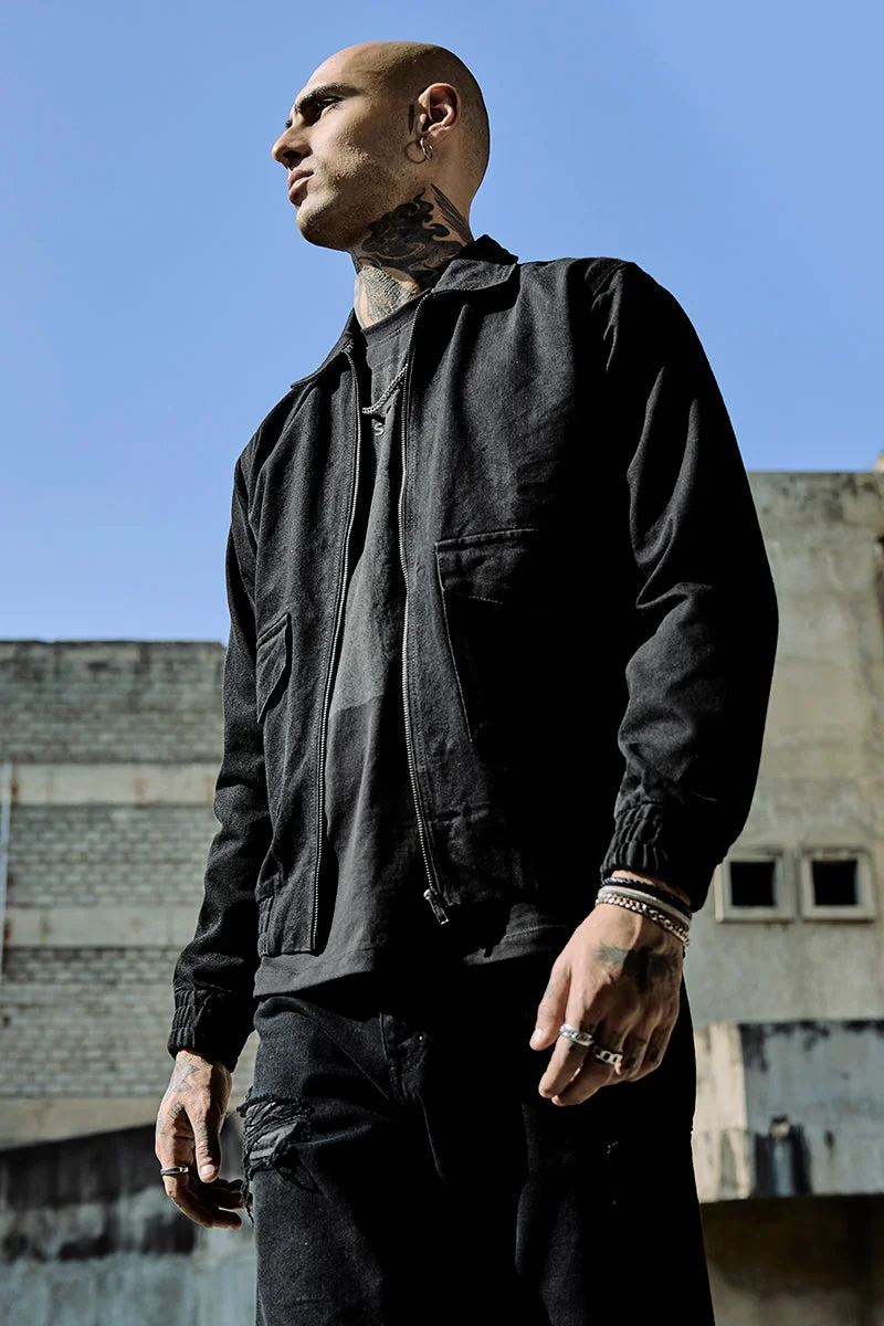 SNITCH جاكيت جينز بسحاب أسود سناتش ريفولوشن