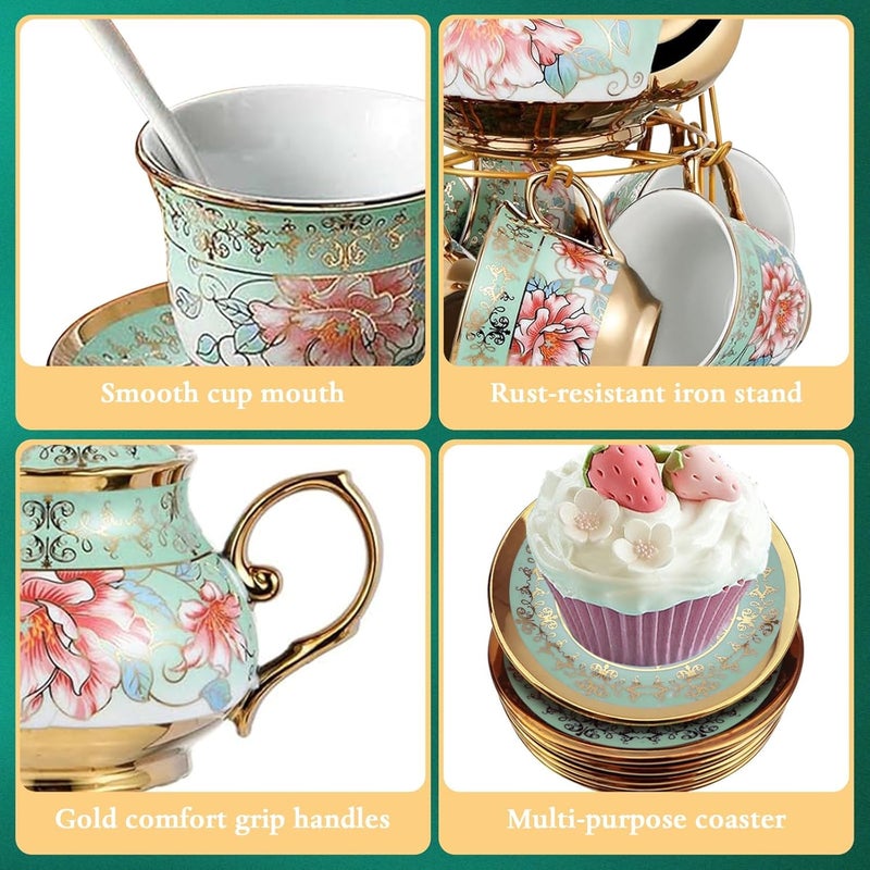 KUK 20Pcs Porcelain Tea Set with Metal Holder and Spoon, Floral Adult Tea Sets with Teapot Cups Saucers, European Ceramic Tea Parties Set for Women ï¼ˆLargeï¼‰ - Image 3