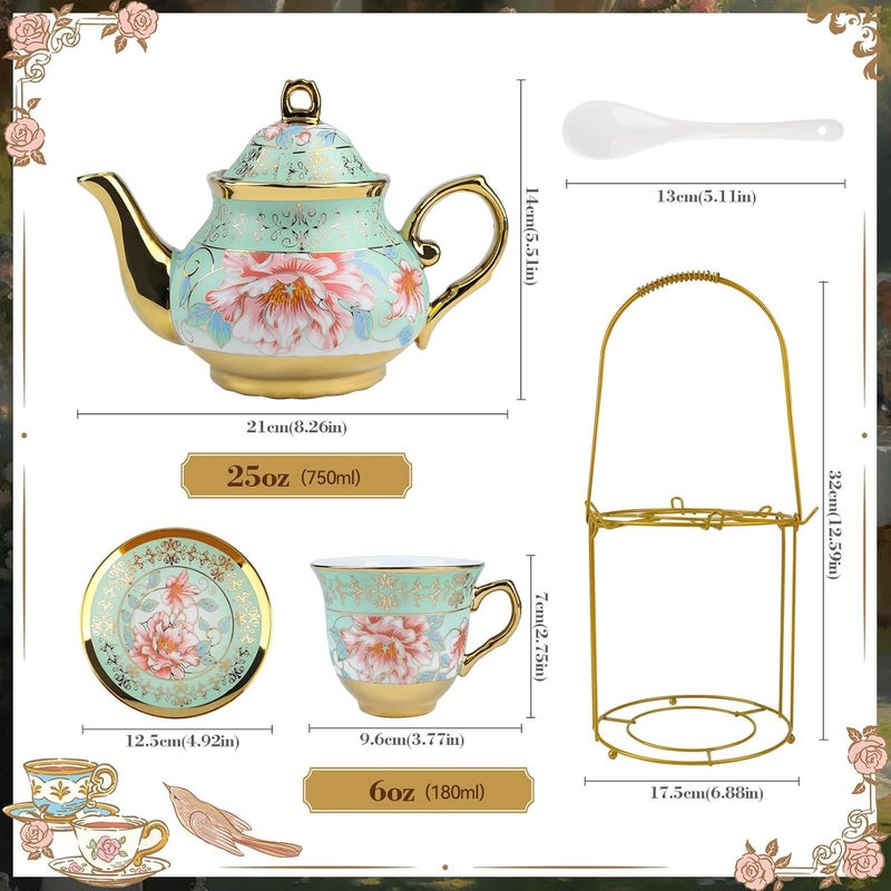 KUK 20Pcs Porcelain Tea Set with Metal Holder and Spoon, Floral Adult Tea Sets with Teapot Cups Saucers, European Ceramic Tea Parties Set for Women ï¼ˆLargeï¼‰ - Image 2