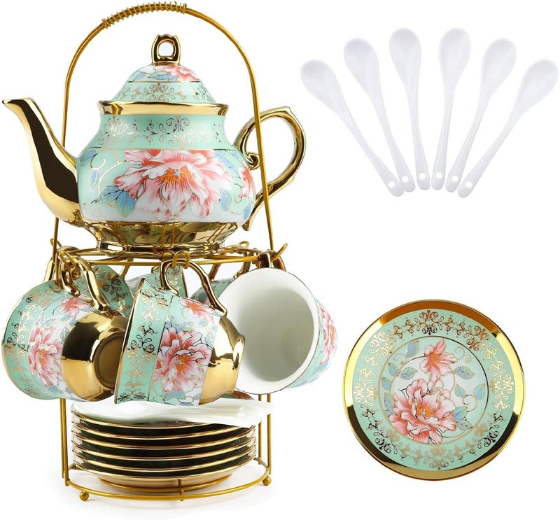 KUK 20Pcs Porcelain Tea Set with Metal Holder and Spoon, Floral Adult Tea Sets with Teapot Cups Saucers, European Ceramic Tea Parties Set for Women ï¼ˆLargeï¼‰ - Image 1
