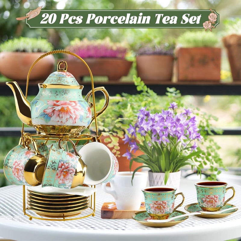 KUK 20Pcs Porcelain Tea Set with Metal Holder and Spoon, Floral Adult Tea Sets with Teapot Cups Saucers, European Ceramic Tea Parties Set for Women ï¼ˆLargeï¼‰ - Image 4