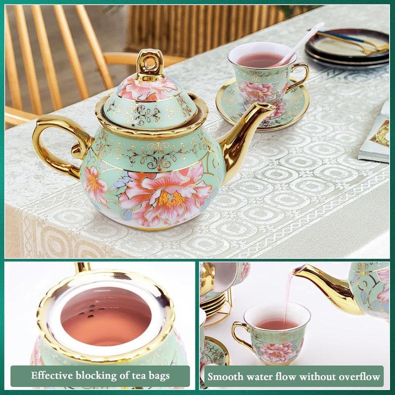 KUK 20Pcs Porcelain Tea Set with Metal Holder and Spoon, Floral Adult Tea Sets with Teapot Cups Saucers, European Ceramic Tea Parties Set for Women ï¼ˆLargeï¼‰ - Image 5