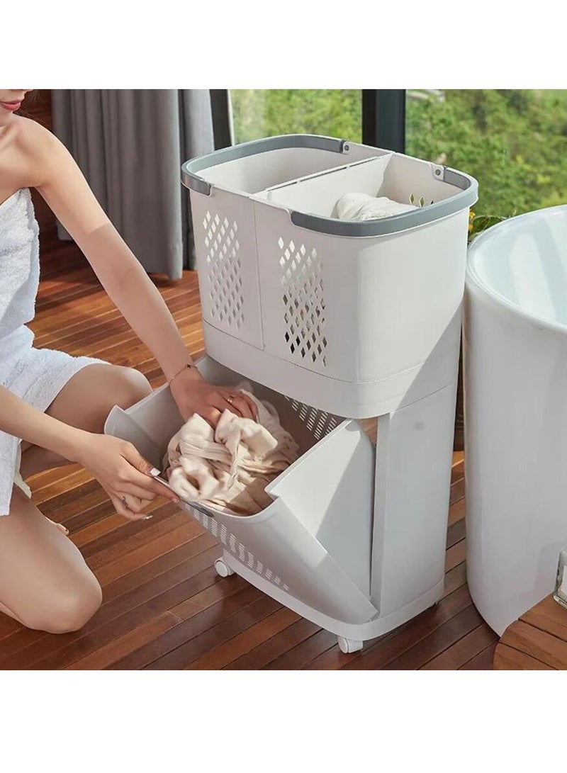 Laundry Baskets on Wheels, Laundry Trolley, Laundry Collector with 2 Layers, 3 Storage Baskets, Laundry Sorter for Bedroom, Bathroom for Clothes and Toys, Plastic - Image 1
