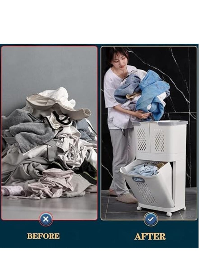 Laundry Baskets on Wheels, Laundry Trolley, Laundry Collector with 2 Layers, 3 Storage Baskets, Laundry Sorter for Bedroom, Bathroom for Clothes and Toys, Plastic - Image 2