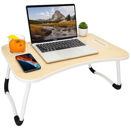 Tarkan Stud Foldable Wooden Finish Mini Desk for Couch, Sofa Bed, Study Tray Table Stand for Writing (Beige) - Image 1