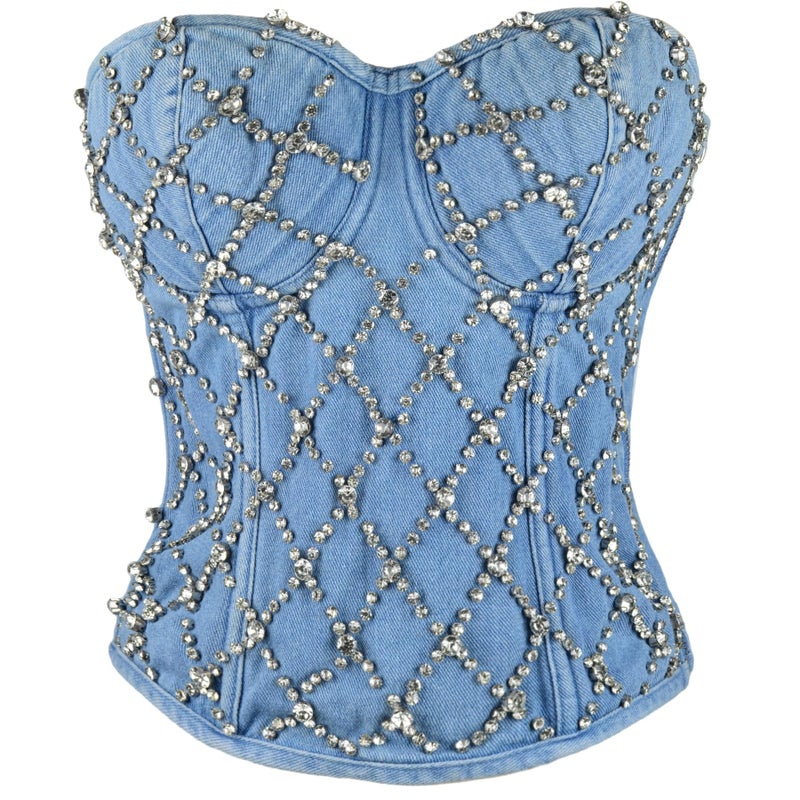 ELLACCI Women's Denim Rhinestone Corset Top Sexy Club Party Jean Bodysuit L Size - Image 1